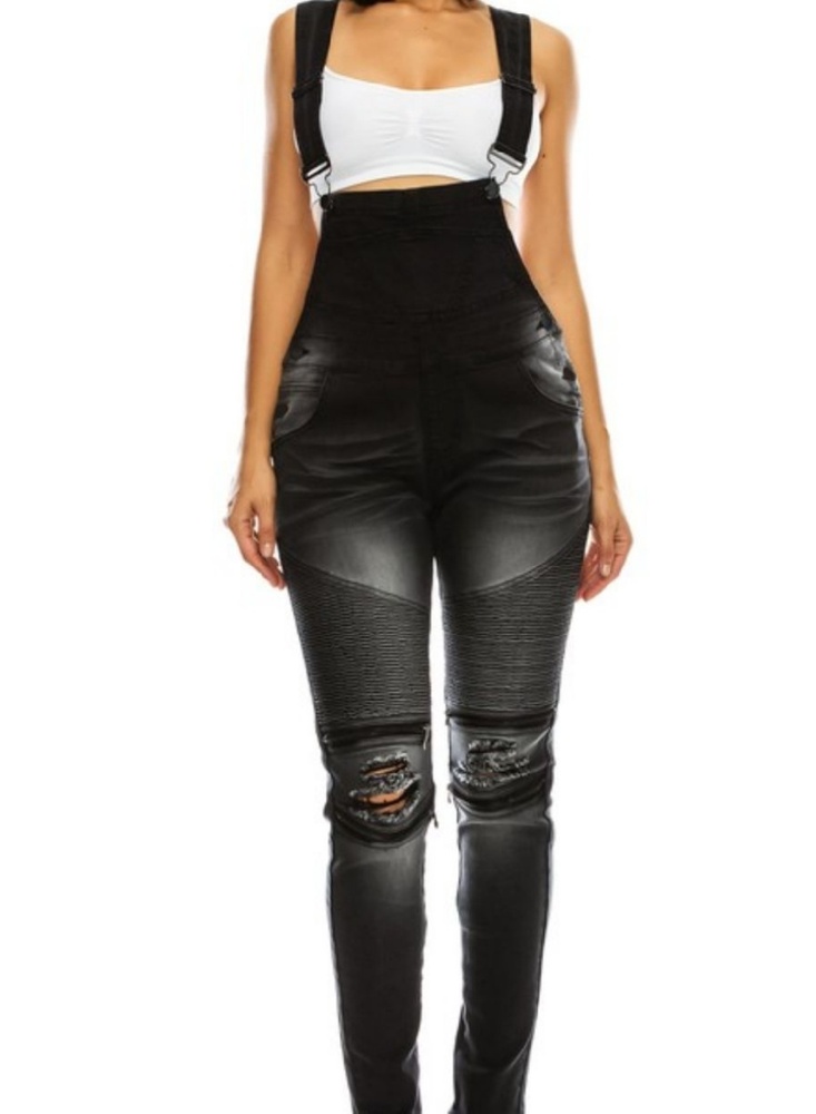 NWT--  Black Distressed Moto Style Overalls